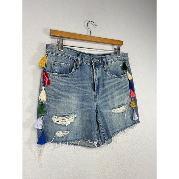 Boho Festival BLANKNYC Womens 27 Blue Distressed Tassel Trim High Rise Shorts - Picture 9 of 11